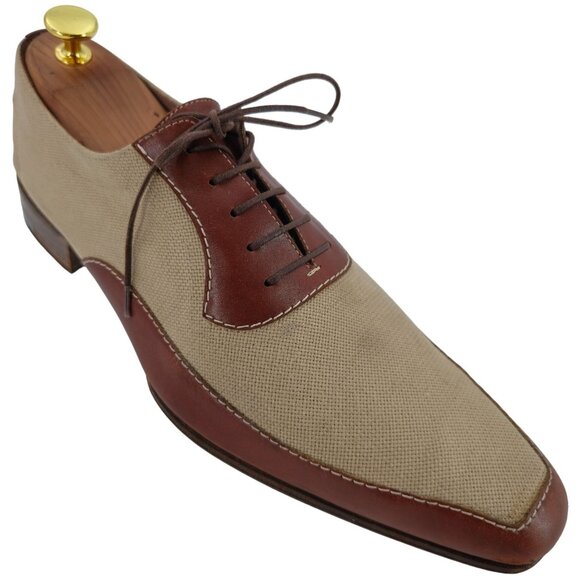 a. testoni Other - A. Testoni Italy Mens 9D Dress Shoes Beige Brown Canvas Leather Luxury Oxfords